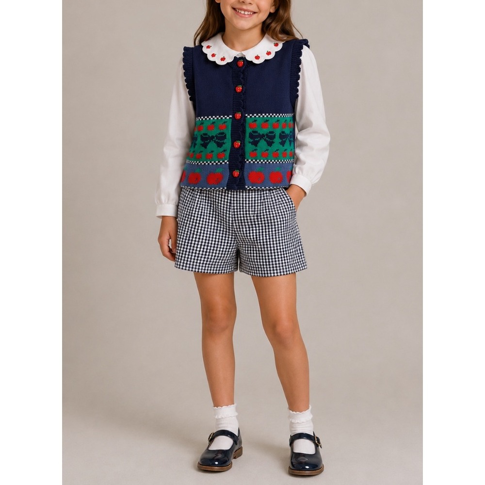 NEW Vtg Hartstrings Girl Navy Apple Knit Vest Blouse Gingham Skirt 3 Pc Set Sz 8